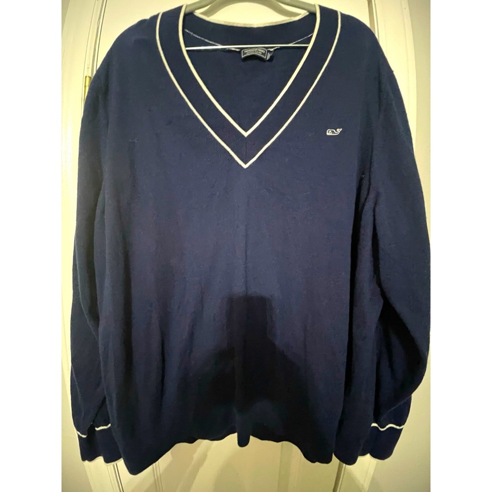 Vineyard Vines Unisex or Womens 3XL Big & Navy White Knit V-Neck Logo Sweater